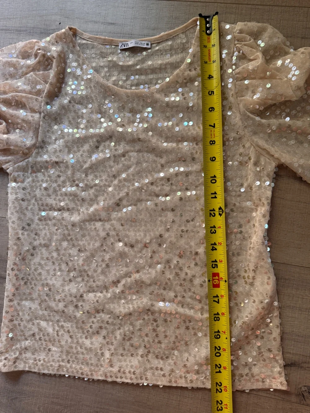 Zara Sequin Mesh Top Women’s Large L Champagne Nude Puff Sleeve Party Evening